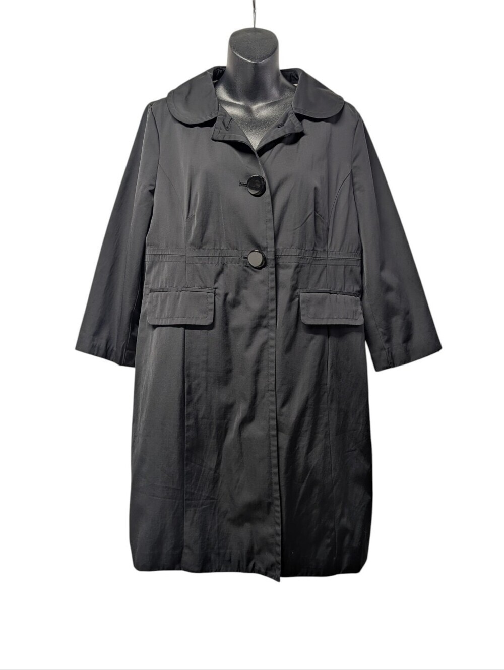 Nine West Womens Black Trench Coat Sz L Button Front Lined 3/4 Sleeve Pockets